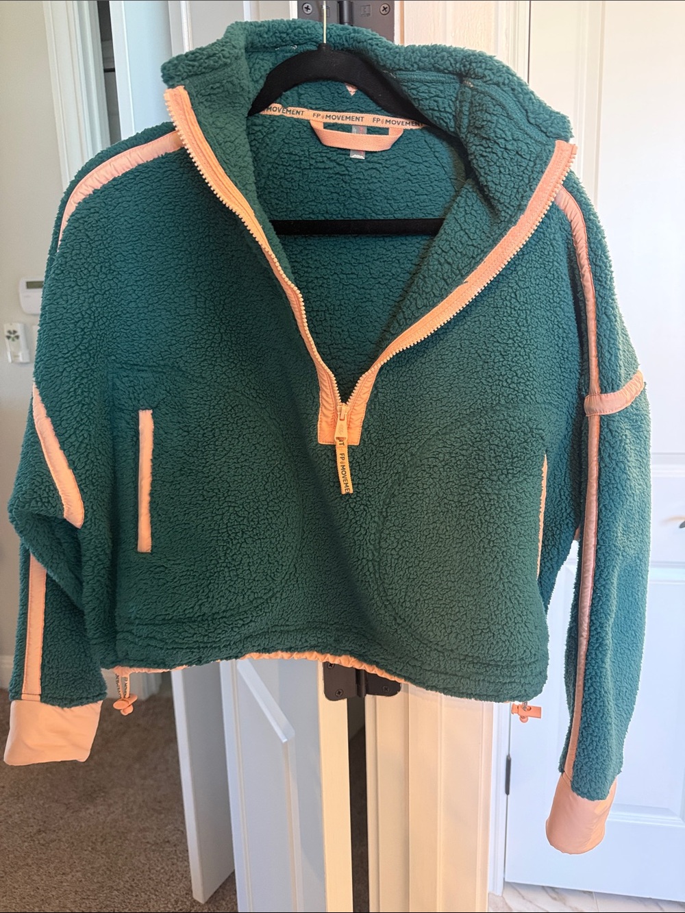 Free People Green and Peach Sherpa Zip Jacket with Pink Trim Sz XS